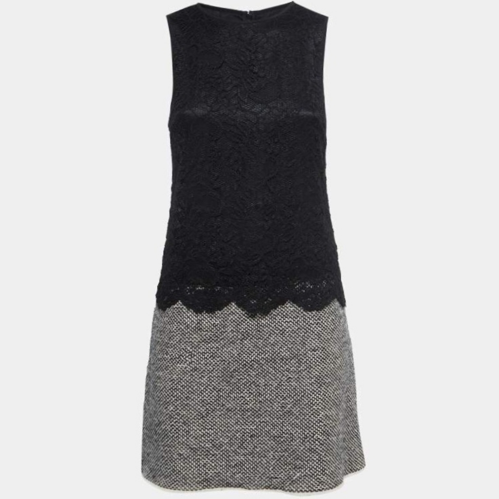 Dolce & Gabbana Sleeveless Black & White Wool Tweed W/ Lace Dress It 42/Us Sm